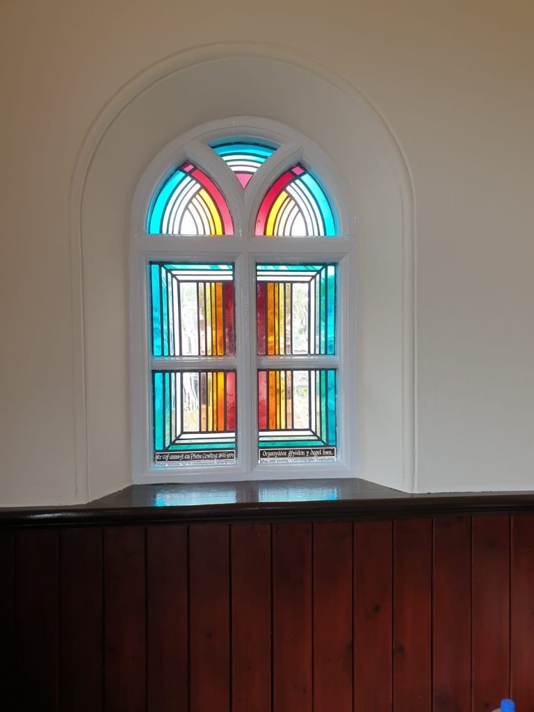 Paint finish around Calfaria Chapel leaded window Ystradgynlais by decorator Swansea